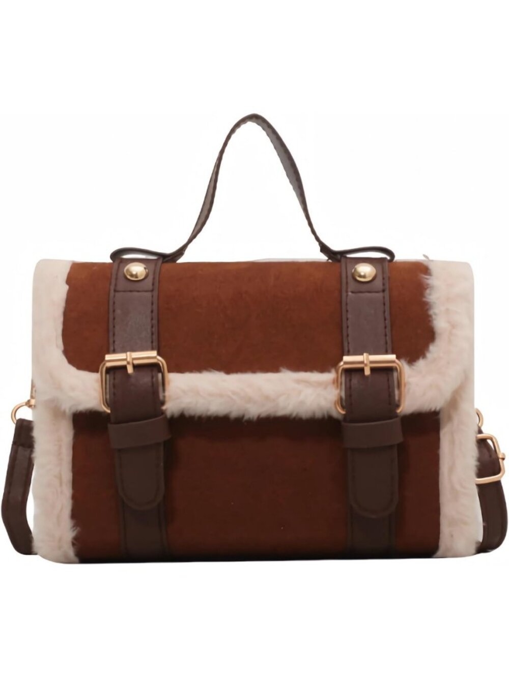 Brown Faux Suede Crossbody Purse - Small Fall Winter Handbag with Sherpa Flap